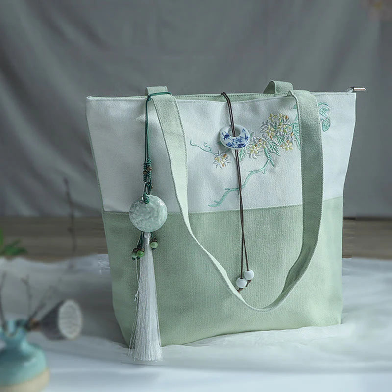 Buddha Stones Pear Flower Plum Peach Blossom Bamboo Embroidery Canvas Large Capacity Shoulder Bag Tote Bag