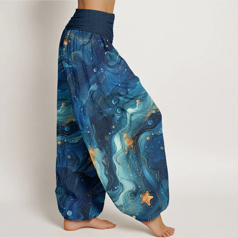 Buddha Stones Cotton Oceanic Golde Star Pattern Women's Elastic Waist Harem Pants