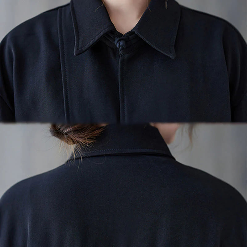 Buddha Stones Black Plain Frog-Button Lapel Women's Cotton Long Sleeve Shirt