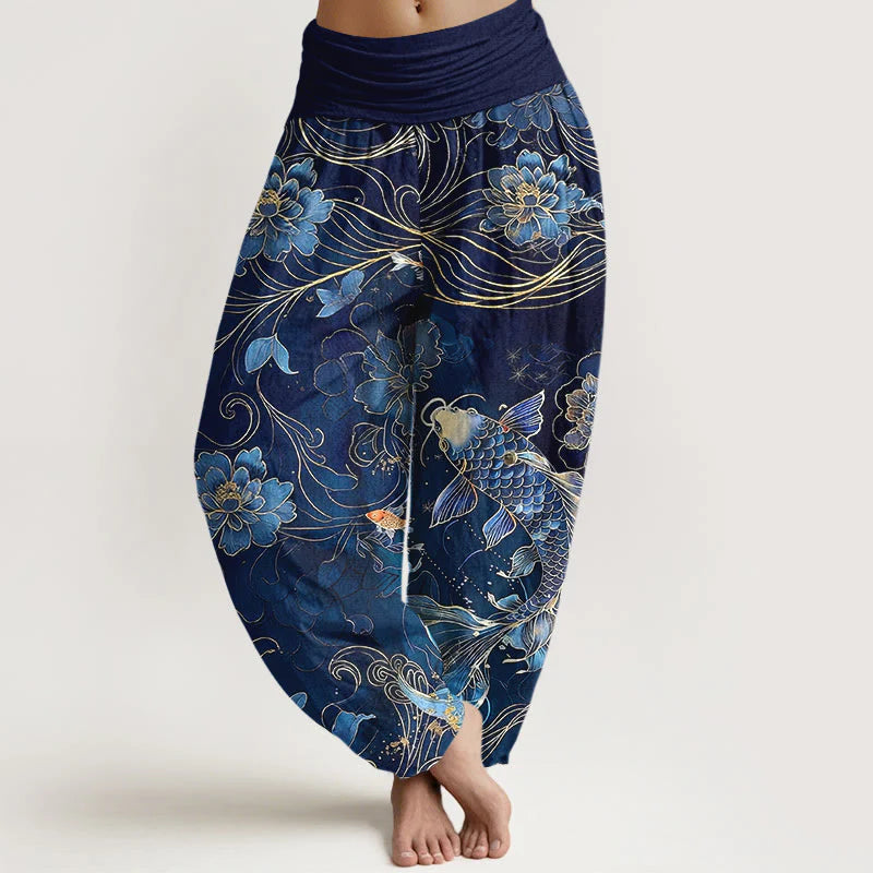 Buddha Stones Pure Cotton Dreamlike Koi Fish Peony Curve Pattern Women's Elastic Waist Harem Pants