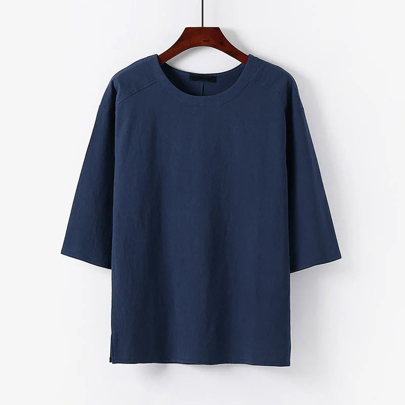 Buddha Stones Summer Casual Crew Neck Men's Half Sleeve Cotton Linen T-Shirt