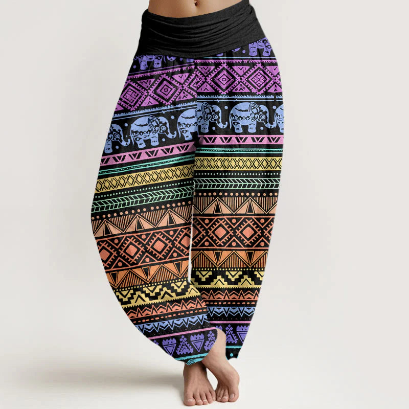 Buddha Stones Cotton Casual Elephant Geometric Figure Women's Elastic Waist Harem Pants