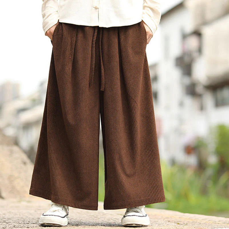 Buddha Stones Fall Solid Color Drawstring Design Men's Corduroy Wide Leg Pants With Pockets