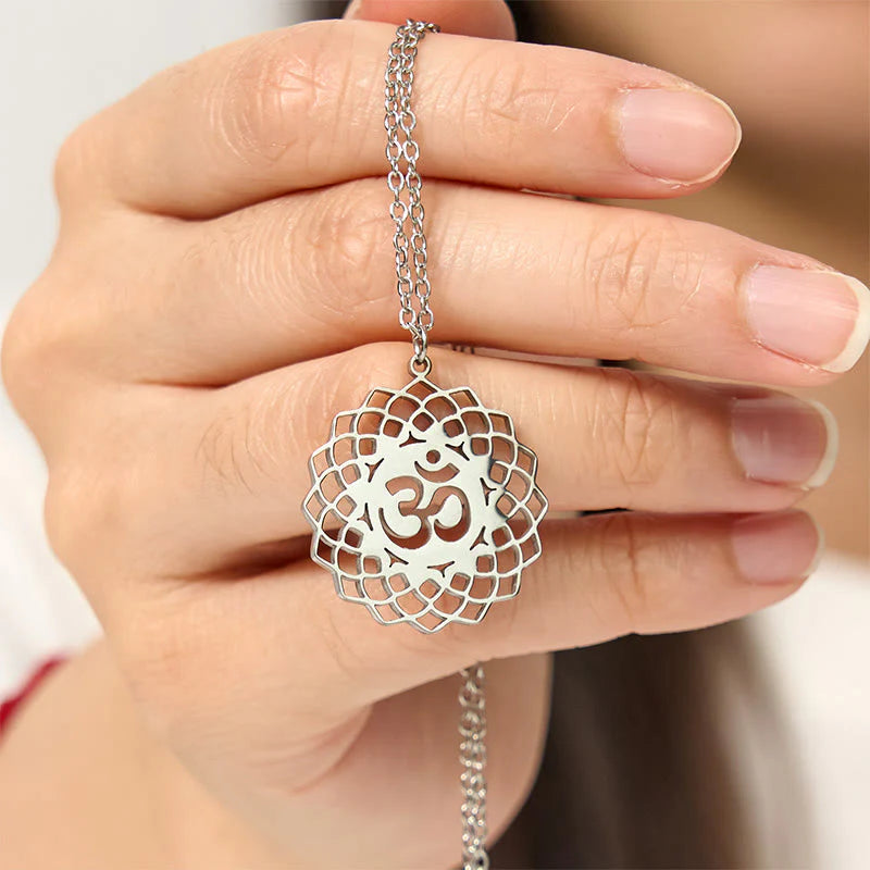 Buddha Stones Hollow Lotus Design Om Symbol Stainless Steel Connection Necklace Pendant