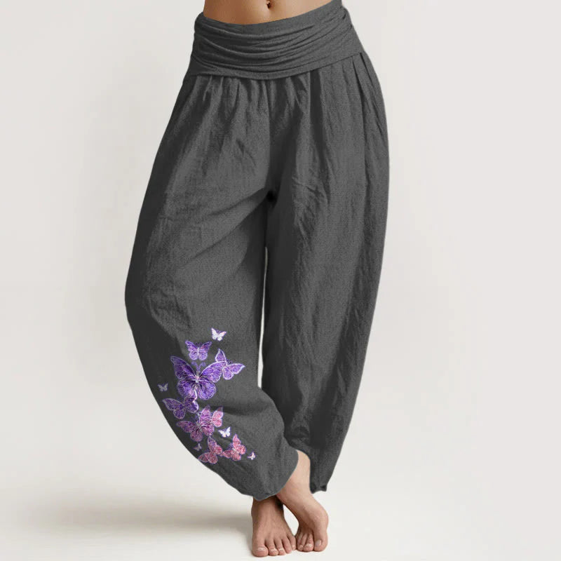 Buddha Stones Pure Cotton Pastel Butterfly Pattern Women's Elastic Waist Harem Pants