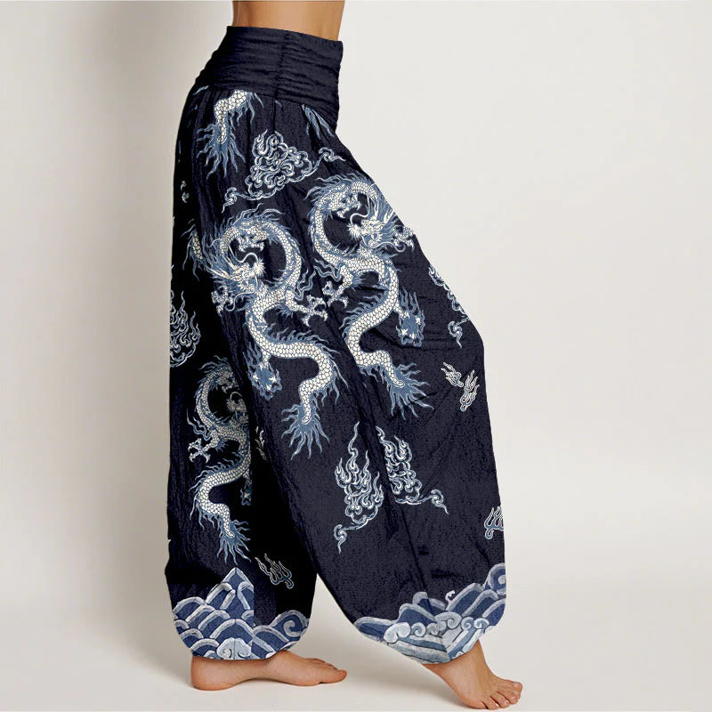 Buddha Stones Pure Cotton Dragon And Cloud Pattern Women's Elastic Waist Harem Pants