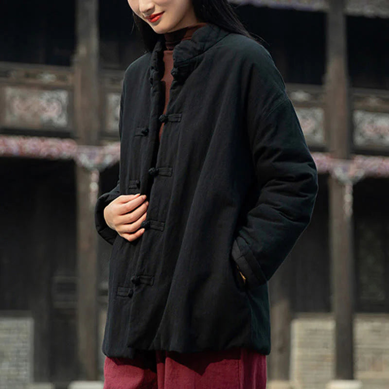 Buddha Stones Winter Solid Frog-Button Long Sleeve Cotton Women's Thermal Jacket With Pockets