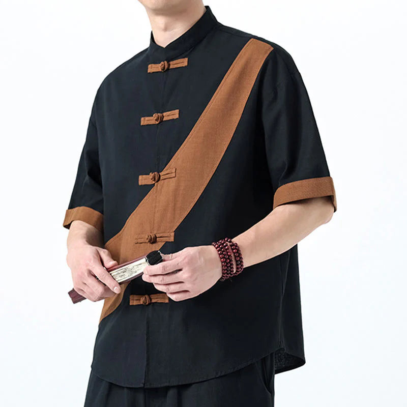 Buddha Stones Spring Color Contrast Chinese Frog-Button Design Men's Half Sleeve Cotton Linen Shirt