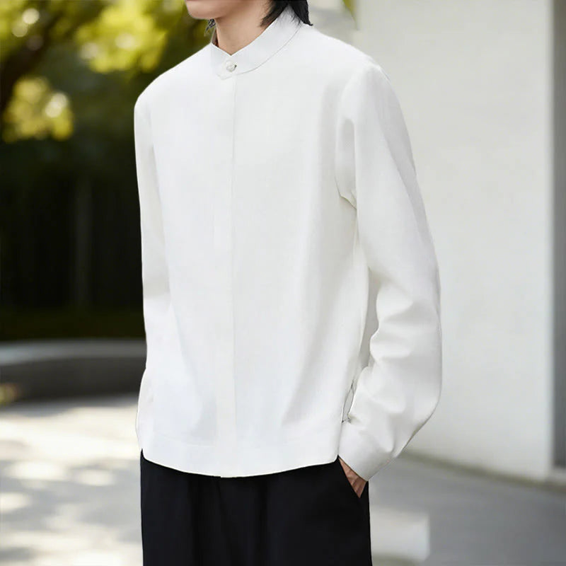 Buddha Stones Fall Solid Color White Men's Long Sleeve Cotton Linen Shirt Corduroy Kimono