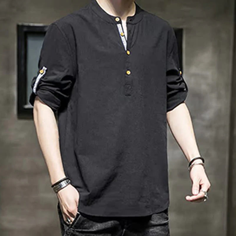 Buddha Stones Summer Solid Men's Half Buttons Half Sleeve Linen Shirt