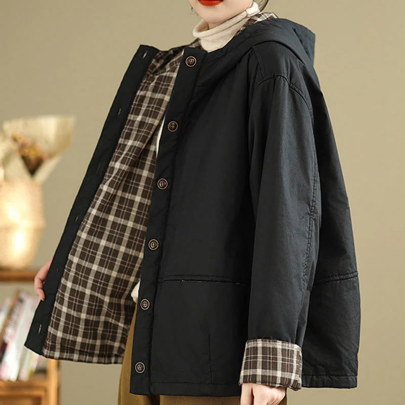Buddha Stones Plaid Hoodie Pattern Women's Long Sleeve Cotton Thickened Jacket With Pockets