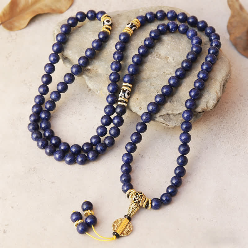 Buddha Stones 108 Beads Lazurite Lapis Lazuli Three-eyed Dzi Bead Positive Mala