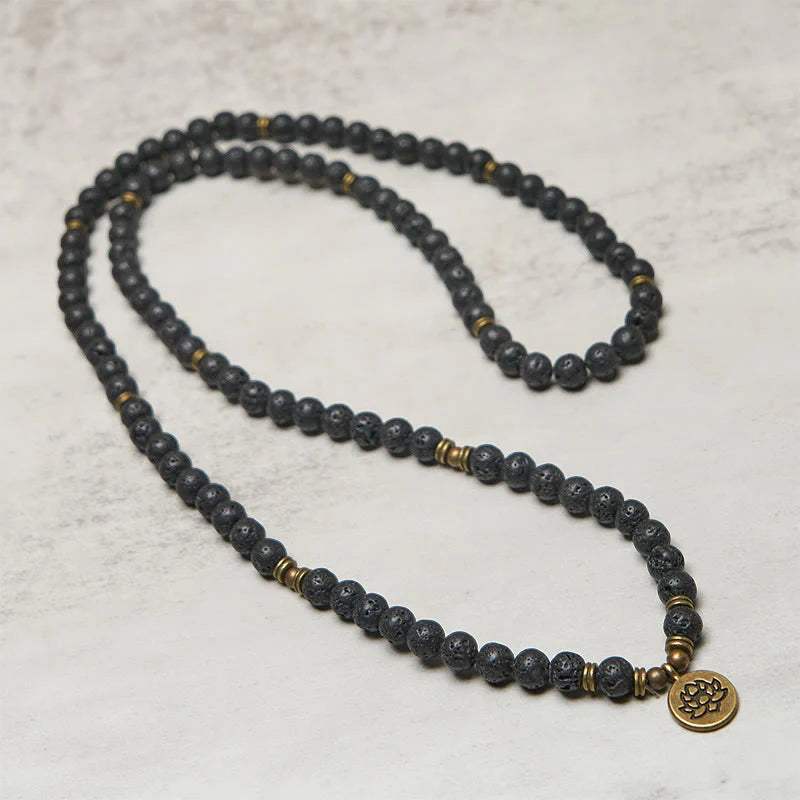 Buddha Stones Retro Lotus Symbol Charm Lava Rock Bead Healing New Beginning Mala
