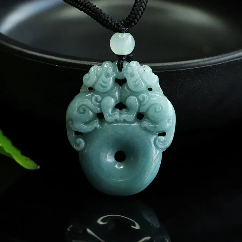 Buddha Stones Double PiXiu Jade Peace Buckle Wealth Luck String Necklace Pendant