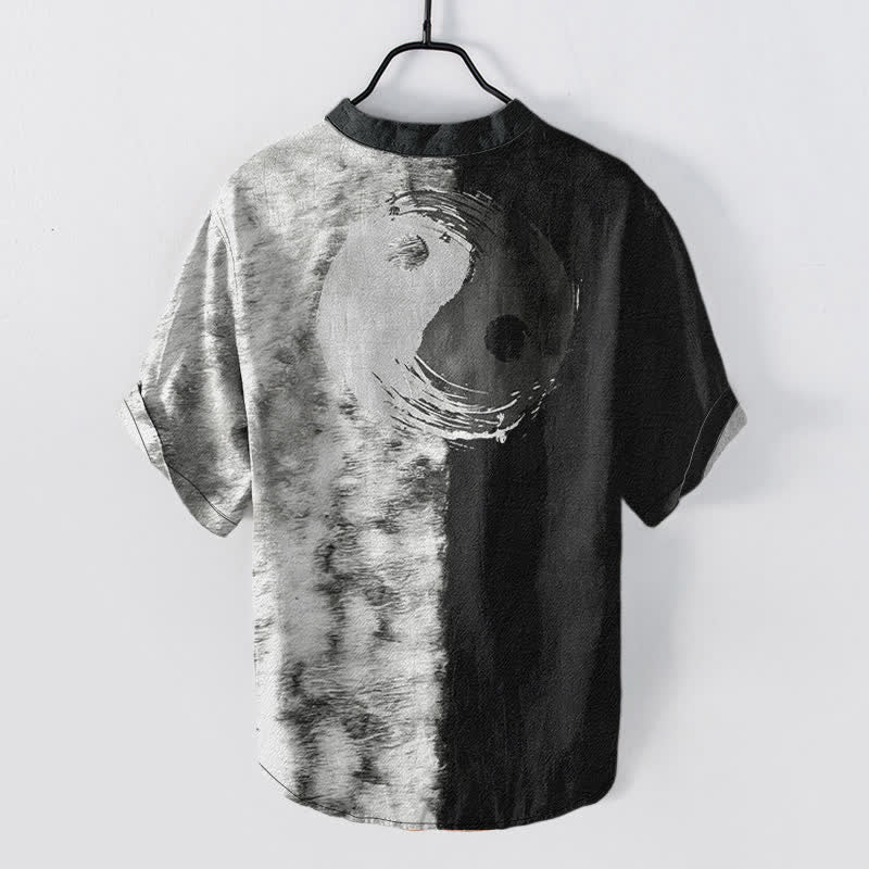 Buddha Stones Cotton Two Tone Taiji Ink Print Men's Short Sleeve Half Button Shirt
