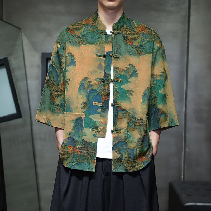 Buddha Stones Spring Frog-Button Dragon Mountain Flower Three Quarter Sleeve Tang Suit Men's Shirt With Pockets
