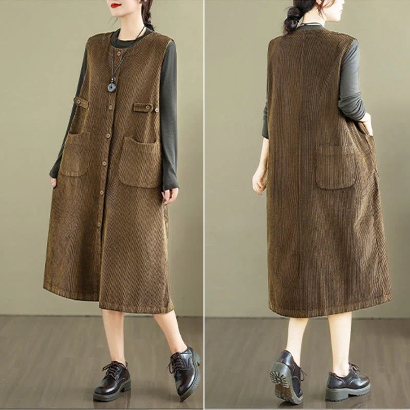 Buddha Stones Pure Colo Buttons Sleeveless Midi Dress With Pockets