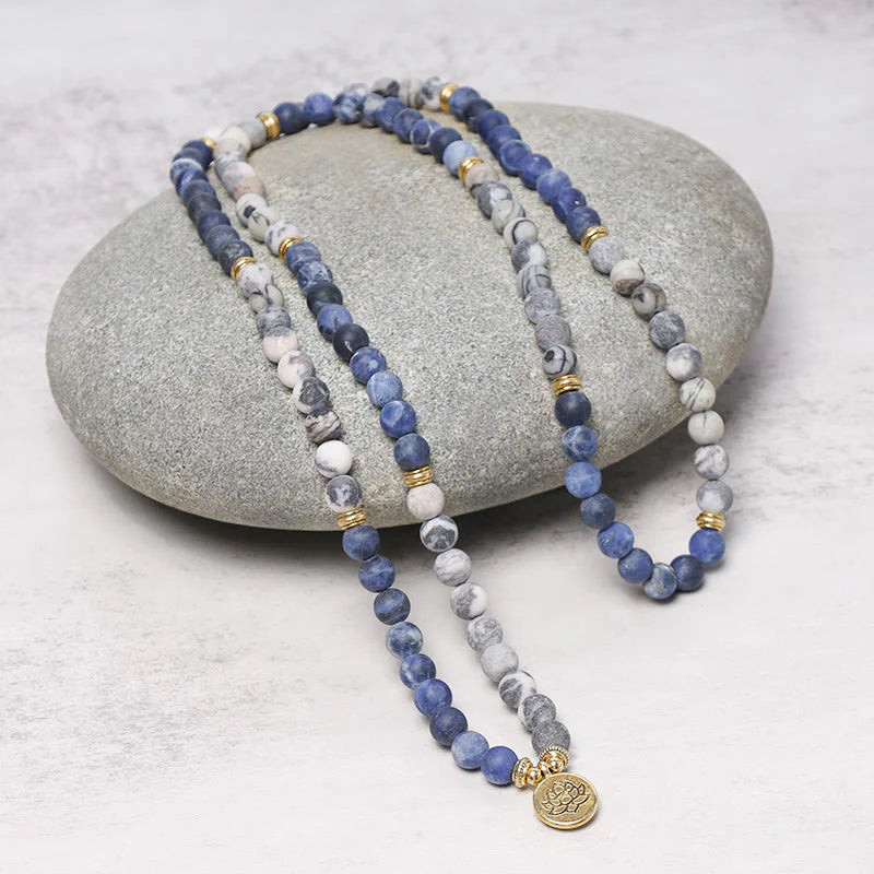 Buddha Stones 108 Natural Stone Mala Bead Lotus Pendant Bracelet