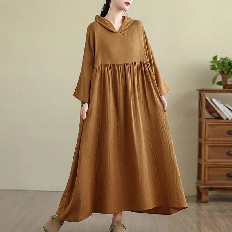 Buddha Stones Fall Hoodie Design Long Sleeve Cotton Linen Midi Dress With Pockets