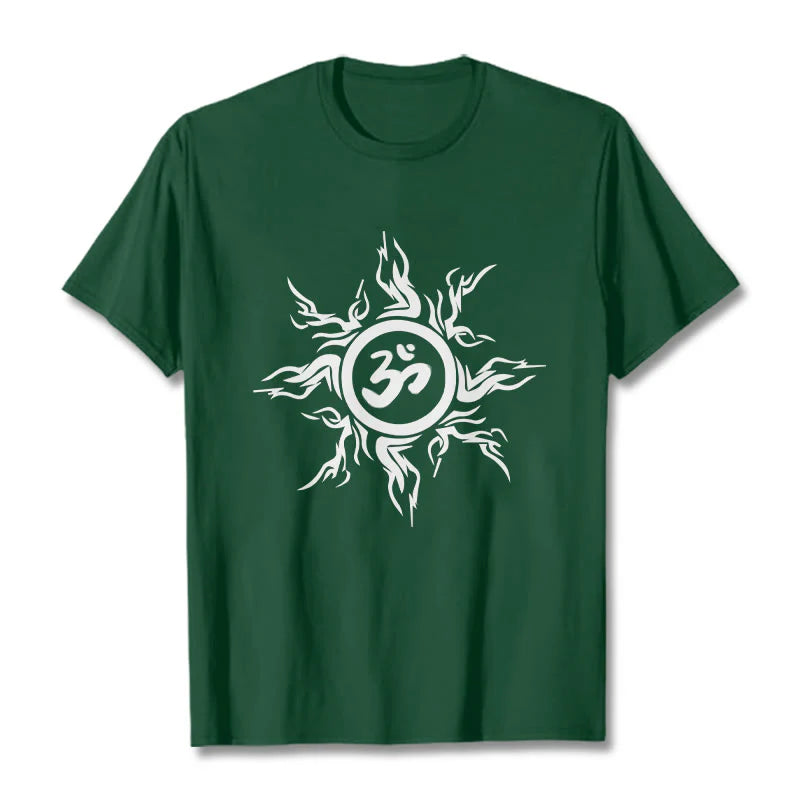 Buddha Stones Sunburst Pattern Surrounding An Om Symbol Pattern Cotton Tee T-shirt