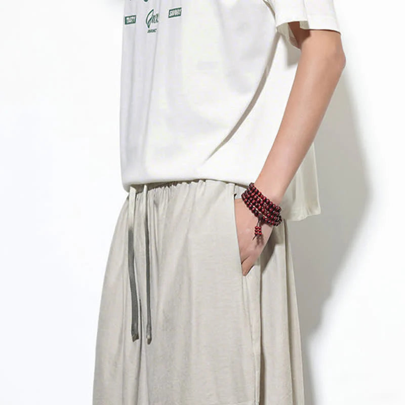 Buddha Stones Spring Solid Color Drawstring Cropped Men's Harem Cotton Pants With Pockets