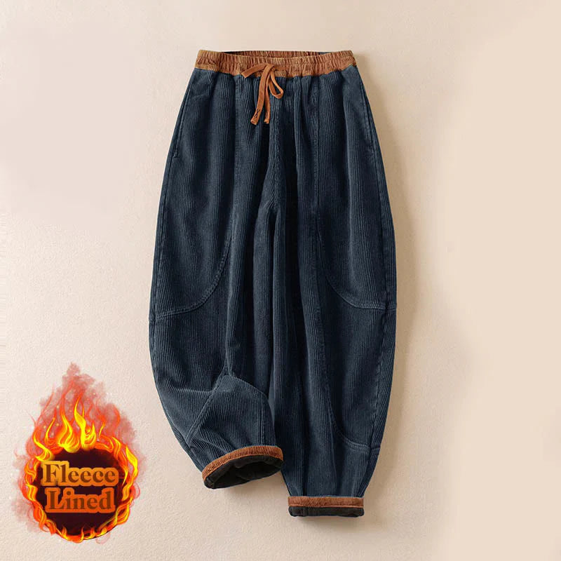 Buddha Stones Color Contrast Corduroy Cotton Women's Thermal Fleece-Lined Harem Pants With Pockets