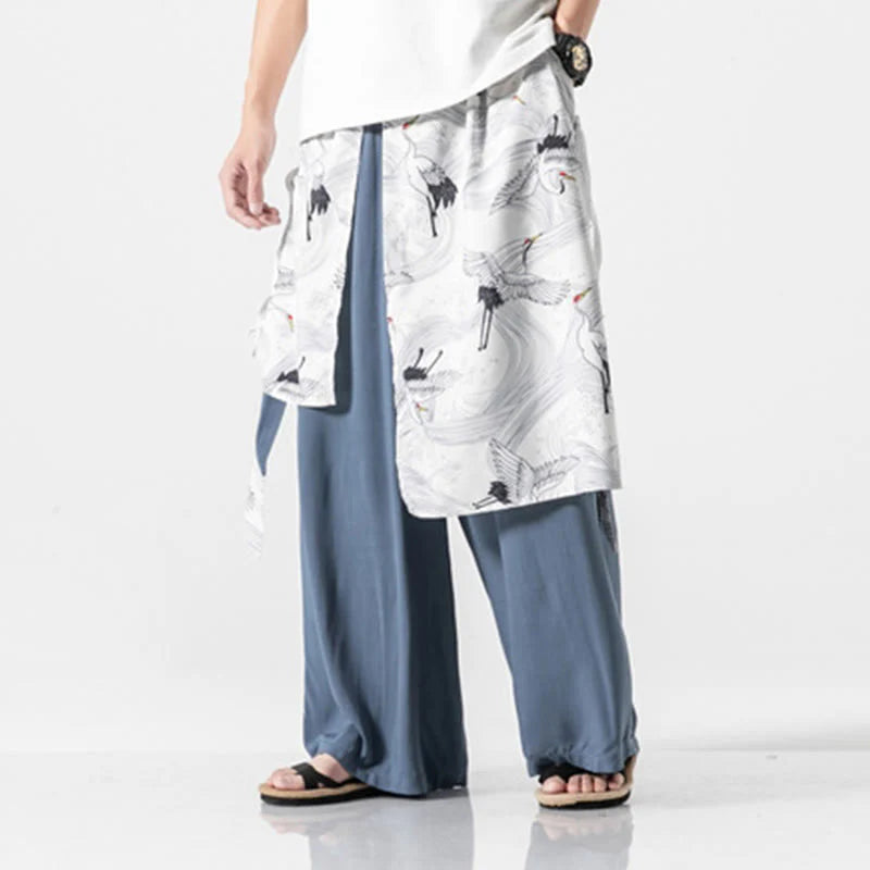 Buddha Stones Summer Flying Crane Design Cotton Men's Wide Leg Pants With Pockets