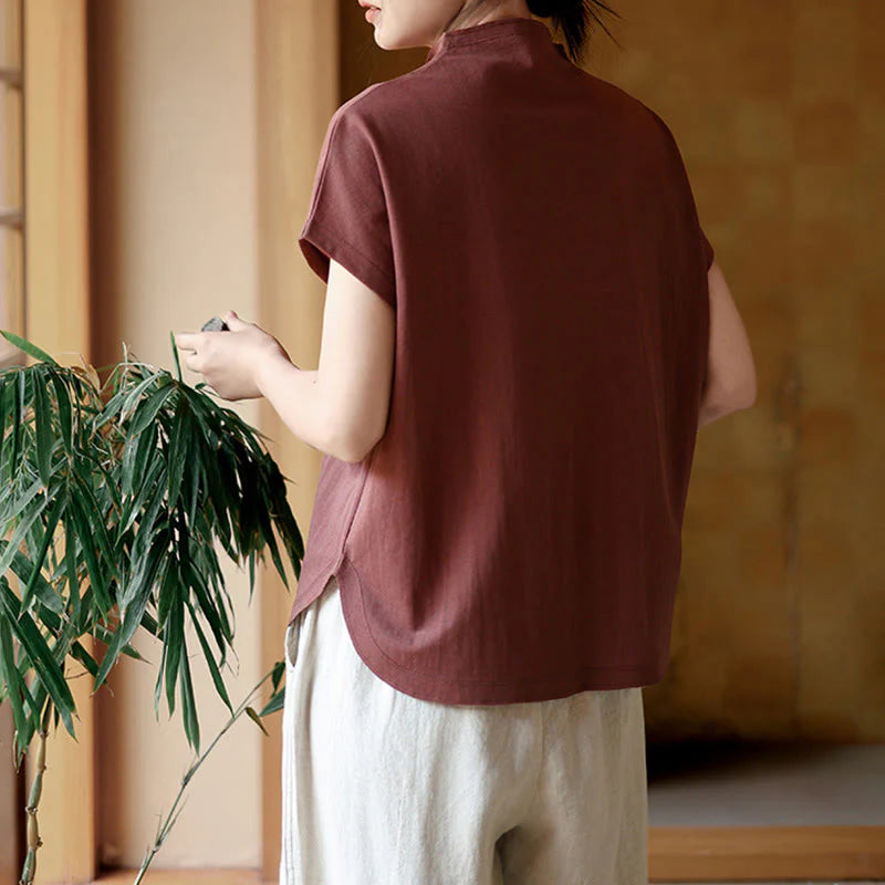 Buddha Stones Vintage Buttons Design Stand Collar Cotton Short Sleeve Women's Shirt