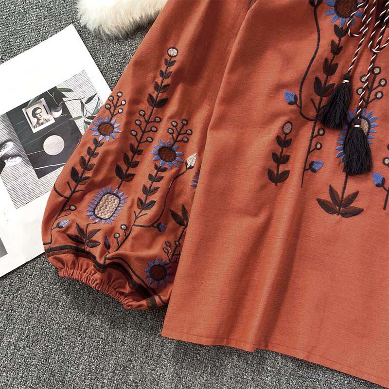 Buddha Stones Casual Embroidery Flower Leaf Pattern Women's Cotton Linen Round Neck T-shirt