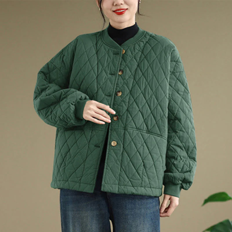 Buddha Stones Diamond Grid Pattern Women's Long Sleeve Cotton Thickened Jacket With Pockets