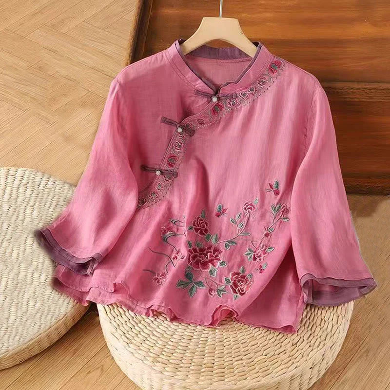 Buddha Stones Vintage Zen Embroidery Plant Floral Pattern Chinese Frog-Button Design Three Quarter Sleeve Women's Cotton Linen Shirt