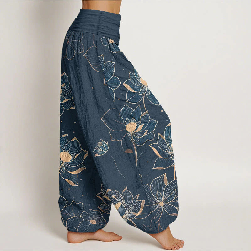 Buddha Stones Pure Cotton Delicate Lotus Pattern Women's Elastic Waist Harem Pants