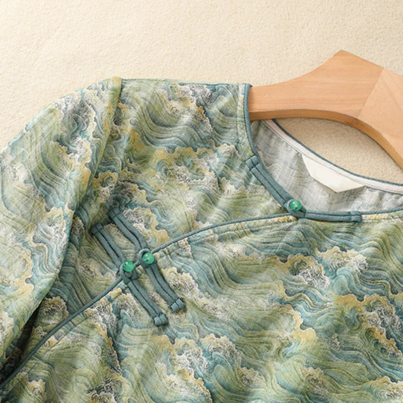 Buddha Stones Summer Casual Printing Frog-Button Design Women's Cotton Linen Long Sleeve Shirt