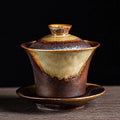 Buddha Stones Vintage Brown Kiln Change Design Porcelain Ceramic Gaiwan Sancai Teacup Kung Fu Tea Cup And Saucer With Lid