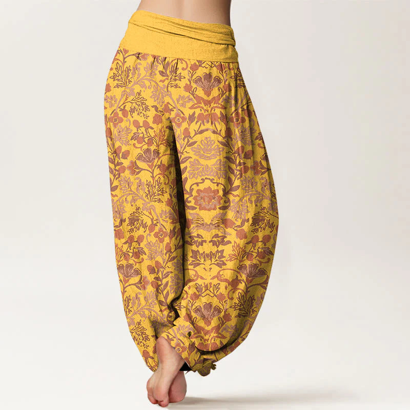 Buddha Stones Pure Cotton Complicated Flower Leaves Vine Pattern Women's Elastic Waist Harem Pants