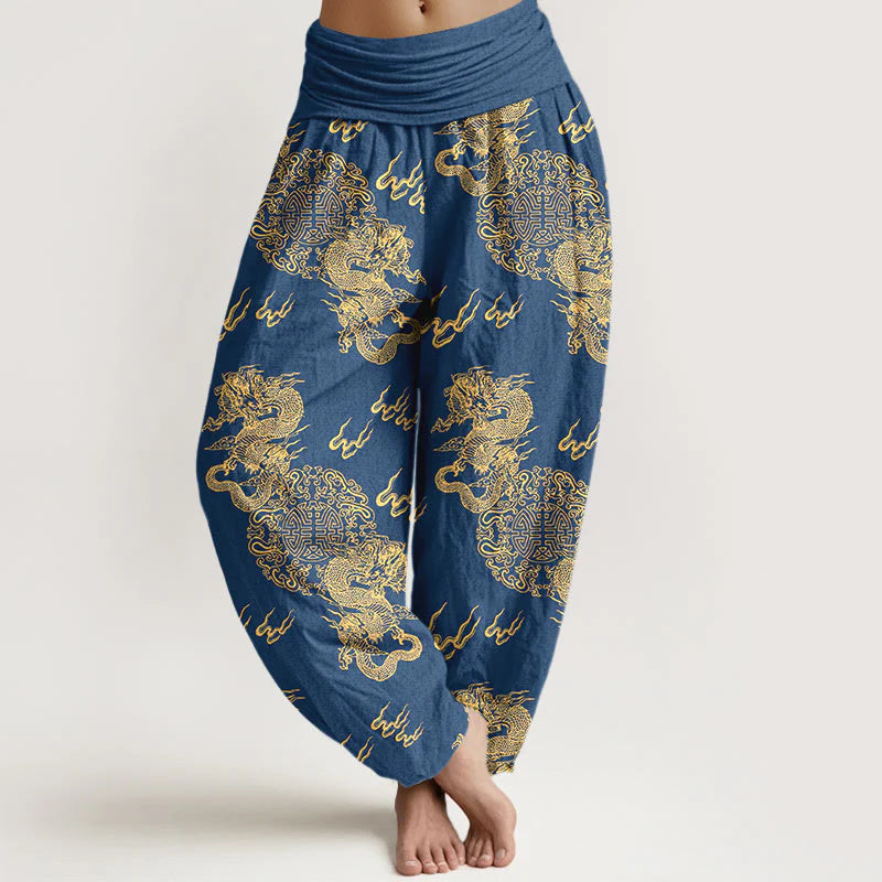 Buddha Stones Pure Cotton Double Dragon Cloud Pattern Women's Elastic Waist Harem Pants