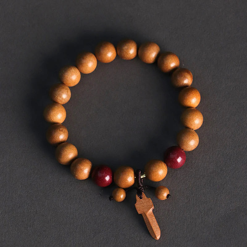 Buddha Stones Peach Wood Cinnabar Sword Charm Wealth Bracelet