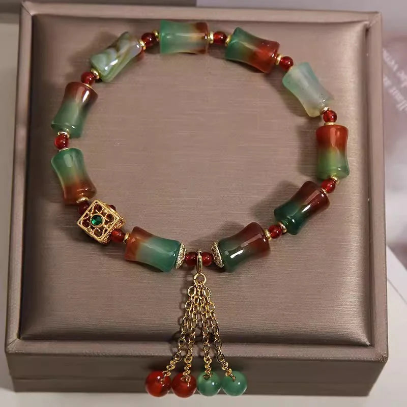 Buddha Stones Colorful Peacock Agate Bamboo Beads Tassel Courage Bracelet