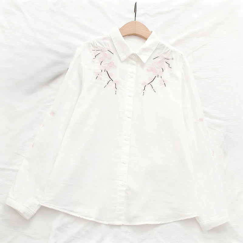 Buddha Stones Fall Pink Plum Blossoms Embroidery Buttons Women's Cotton Long Sleeve Shirt