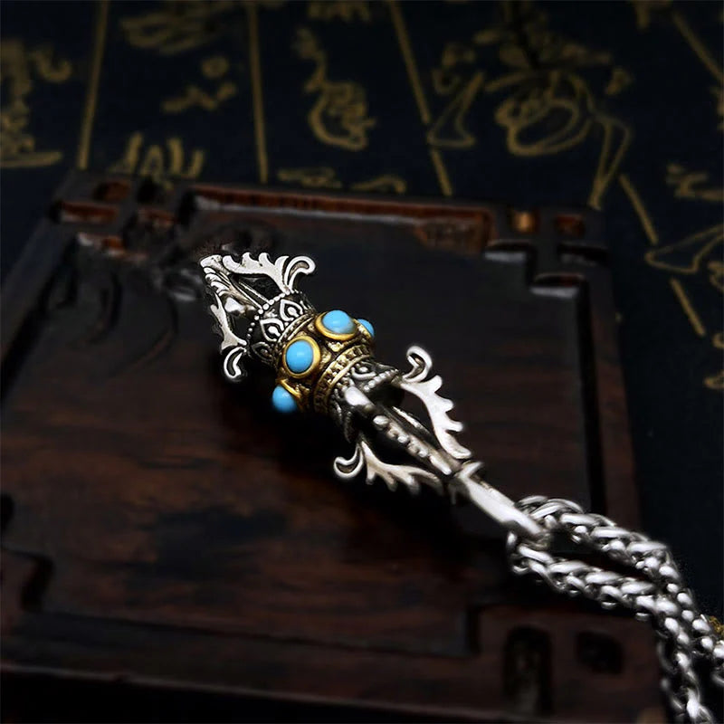 Buddha Stones Tibet Vajra Dorje Pattern Copper Luck Wealth Metal Necklace Pendant