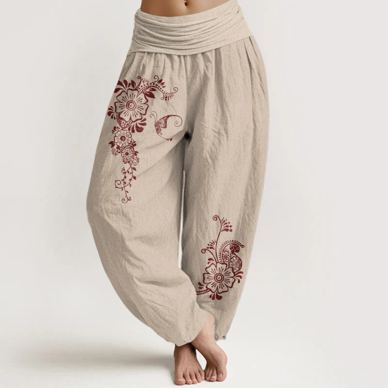 Buddha Stones Pure Cotton Simple Elegant Flower Butterfly Vine Pattern Women's Elastic Waist Harem Pants