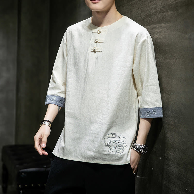 Buddha Stones Summer Embroidery Plain Frog-Button Men's Crew Neck Half Sleeve Cotton Linen Shirt Clothing