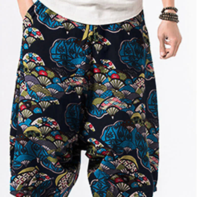 Buddha Stones Ethnic Printing Floral Geometric Pattern Men's Harem 7-8 Length Pants With Pockets