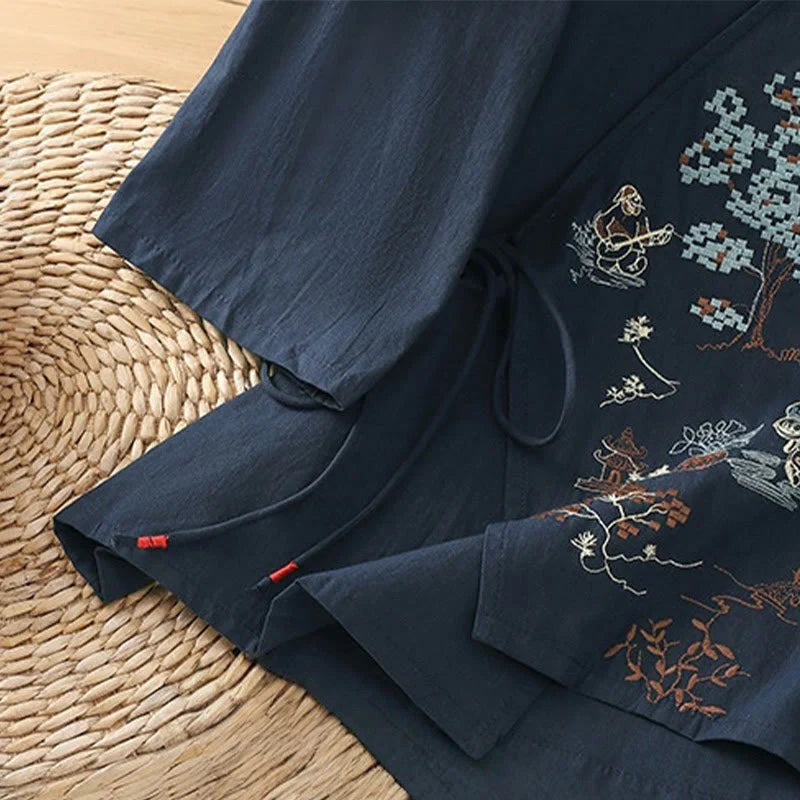 Buddha Stones Retro Embroidery Lace-Up Women's Three Quarter Sleeve Cotton Linen T-Shirt