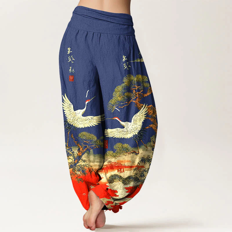 Buddha Stones Pure Cotton Vivid Crane Pine Tree Pattern Women's Elastic Waist Harem Pants