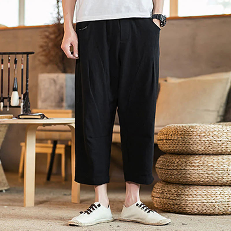 Buddha Stones Casual Solid Color Drawstring Men's Elastic Waistband Cotton Linen Pants With Pockets