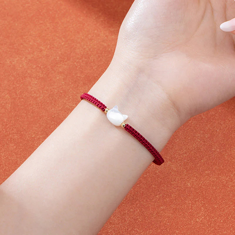 Buddha Stones Faceless Cat Head Red String Shell Connection Bracelet