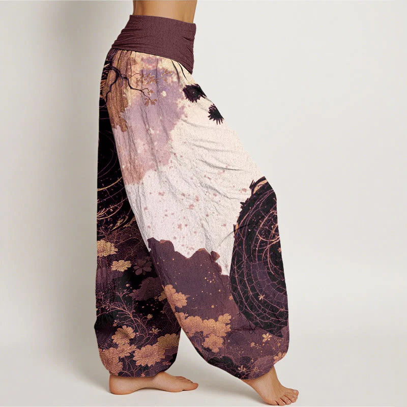 Buddha Stones Cotton Casual Dragon Ancient Tree Pattern Women's Elastic Waist Harem Pants