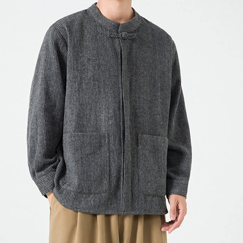 Buddha Stones Solid Color Frog-Button Long Sleeve Men's Cotton Corduroy Jacket With Pockets