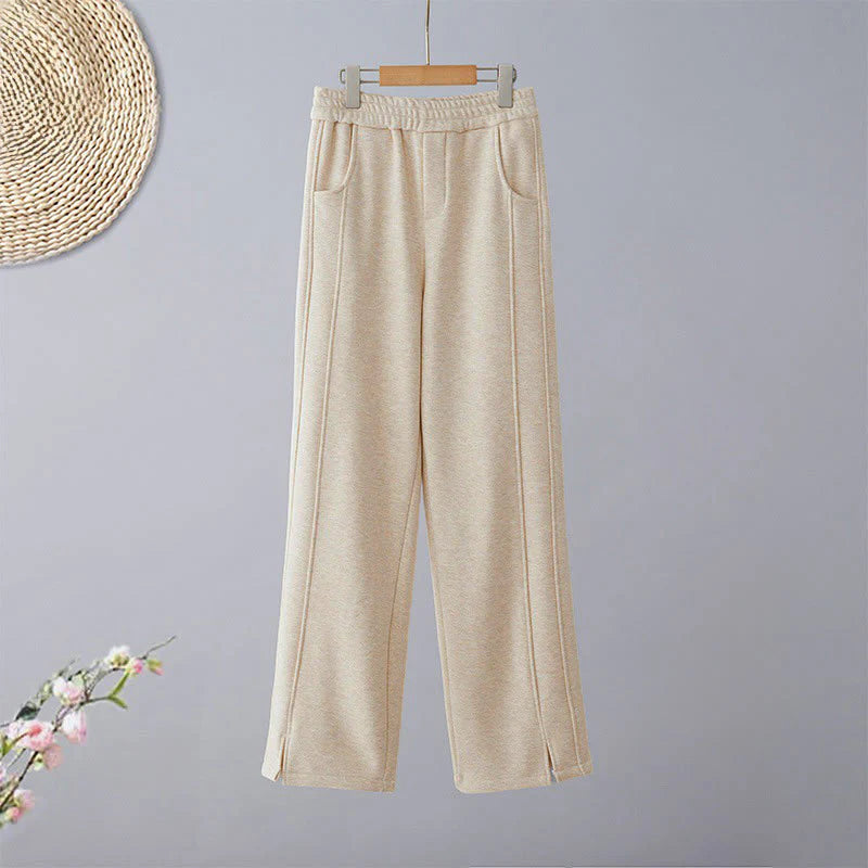 Buddha Stones Plain Color Blocking Cotton Thick Casual Women's Pants With Pockets